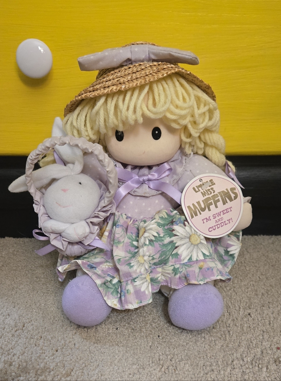 Vintage Little Miss Muffins Stuffed Plush Doll with Bunny in Basket Easter